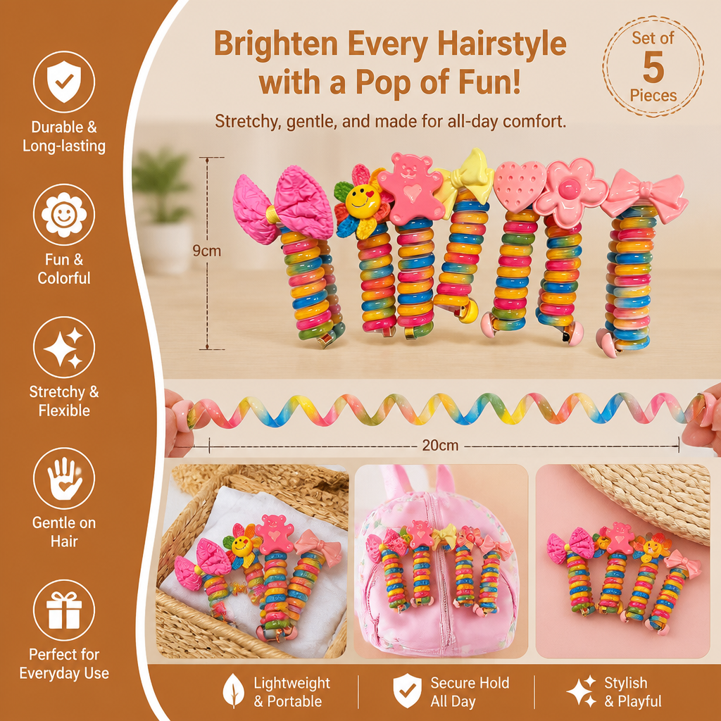 Spiral Hair Tie Set with Flower and Heart Designs for Kids