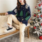 Women Snowflake Knit Sweater with Crew Neck and Color Block Pattern, Polyester Cotton Blend