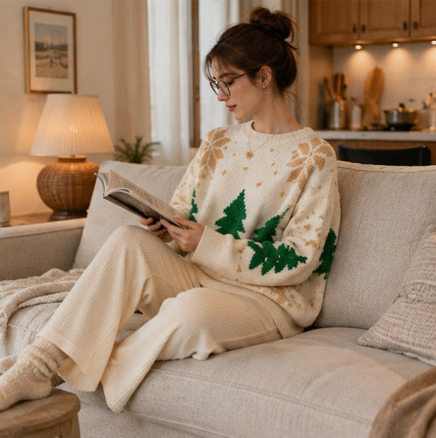 Women Snowflake Knit Sweater with Crew Neck and Color Block Pattern, Polyester Cotton Blend