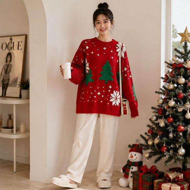 Women Snowflake Knit Sweater with Crew Neck and Color Block Pattern, Polyester Cotton Blend