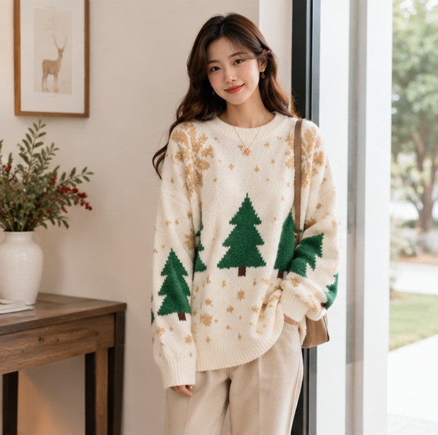 Women Snowflake Knit Sweater with Crew Neck and Color Block Pattern, Polyester Cotton Blend