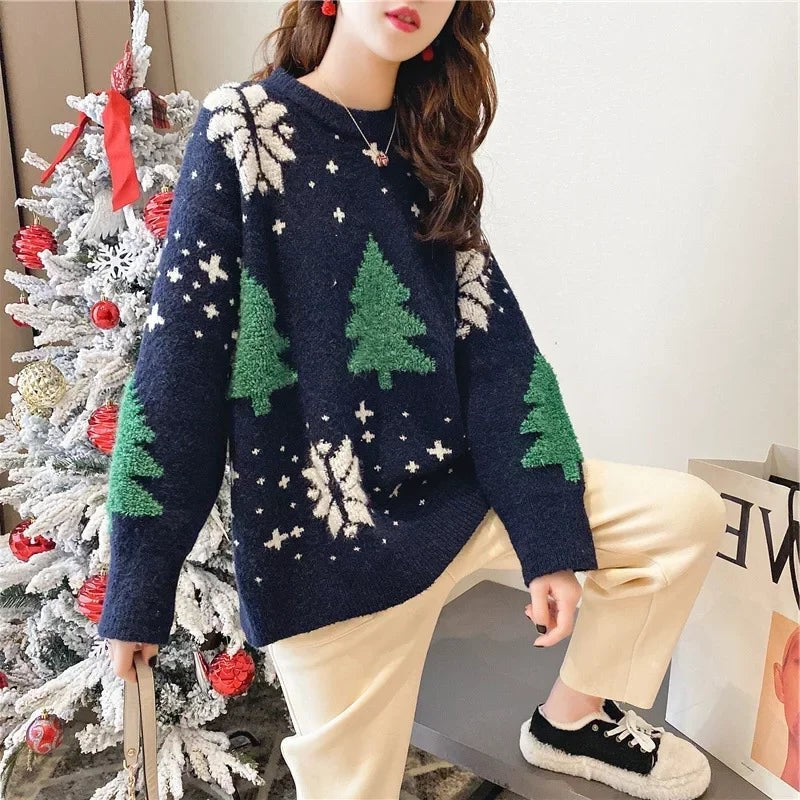 Women Snowflake Knit Sweater with Crew Neck and Color Block Pattern, Polyester Cotton Blend