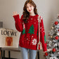 Women Snowflake Knit Sweater with Crew Neck and Color Block Pattern, Polyester Cotton Blend