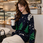 Women Snowflake Knit Sweater with Crew Neck and Color Block Pattern, Polyester Cotton Blend