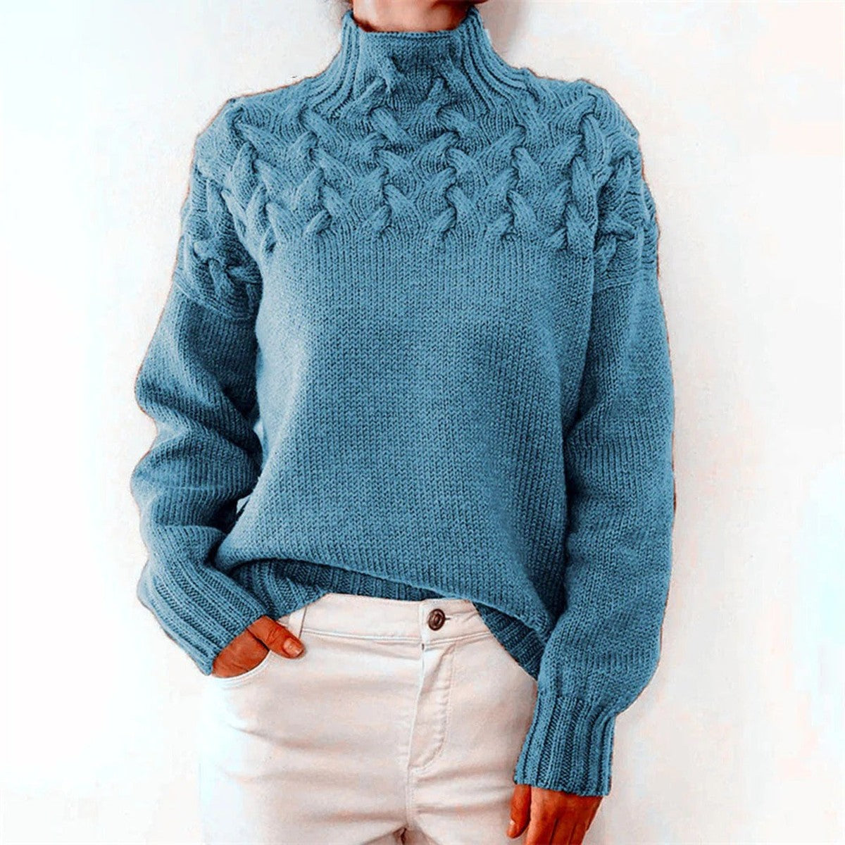 Turtleneck Sweater with Chunky Knit and Extended Hip Length