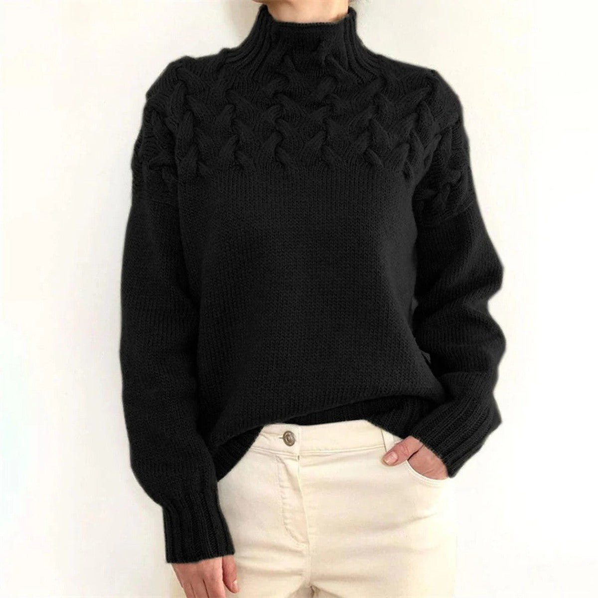 Turtleneck Sweater with Chunky Knit and Extended Hip Length