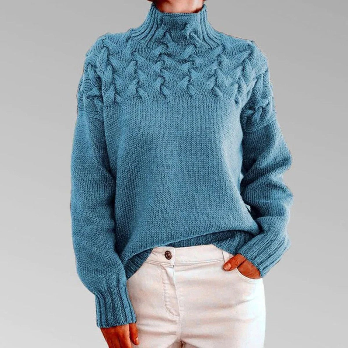 Turtleneck Sweater with Chunky Knit and Extended Hip Length