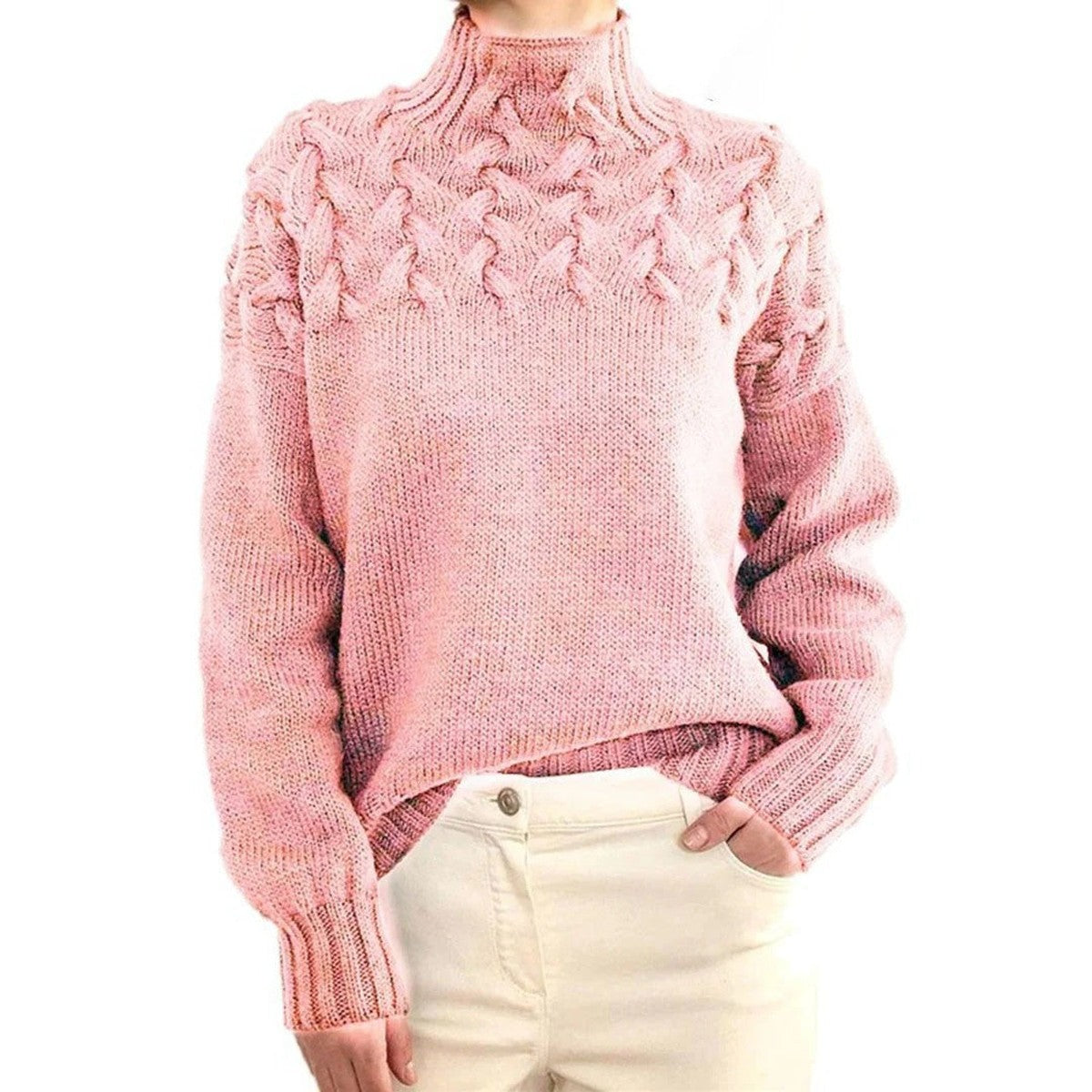 Turtleneck Sweater with Chunky Knit and Extended Hip Length