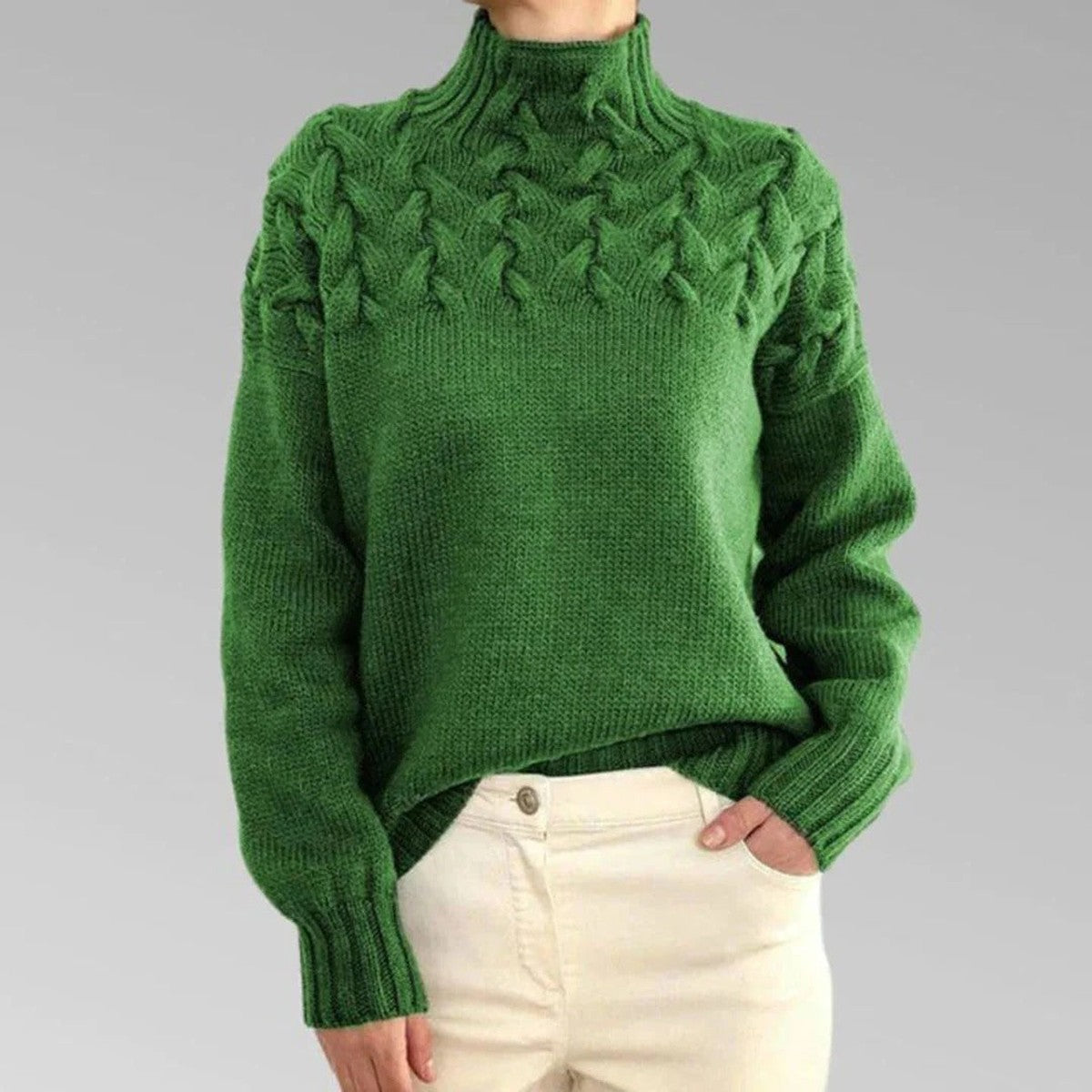 Turtleneck Sweater with Chunky Knit and Extended Hip Length