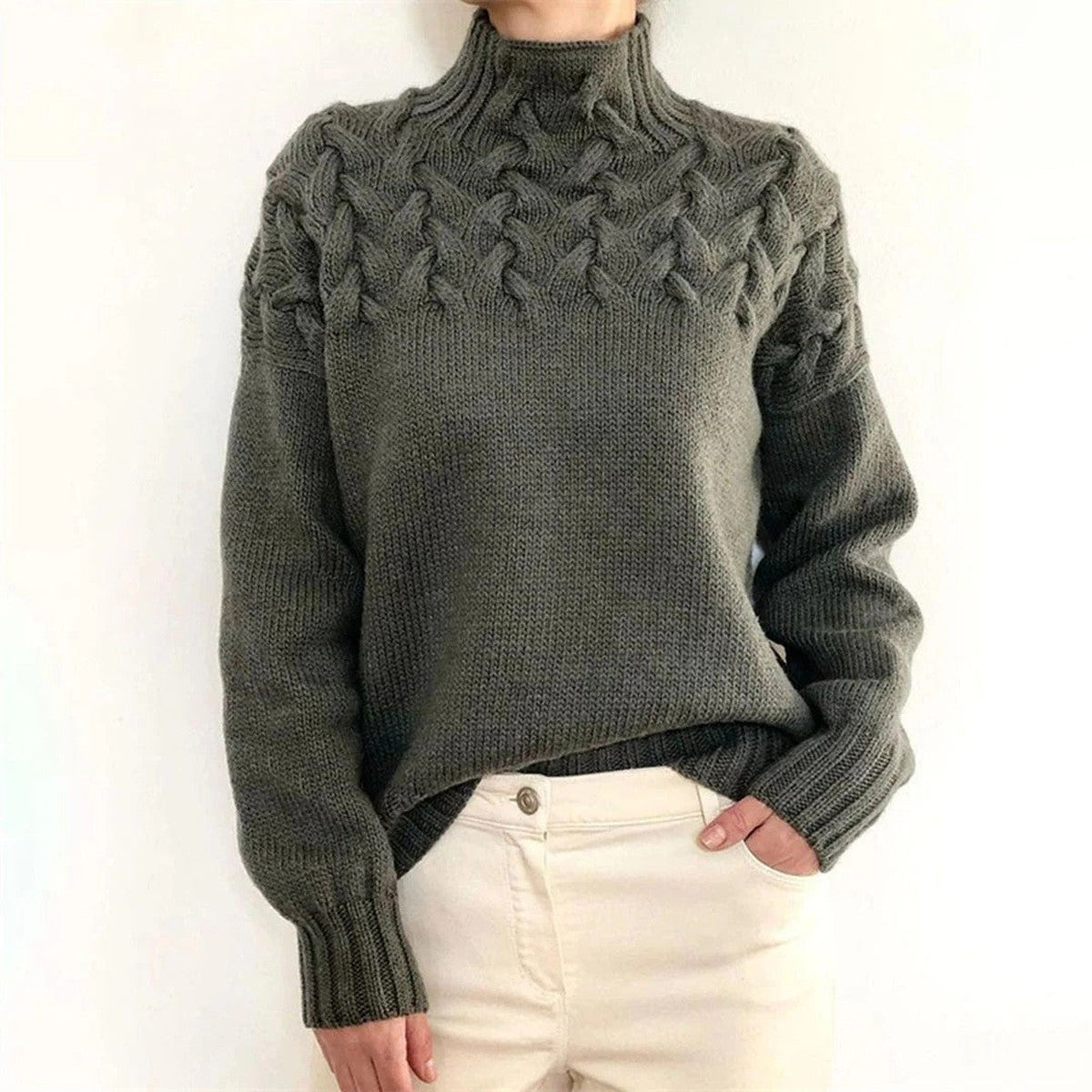 Turtleneck Sweater with Chunky Knit and Extended Hip Length