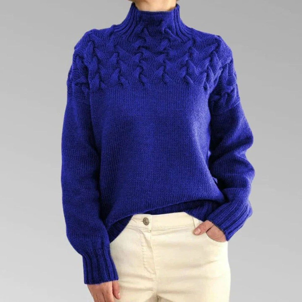 Turtleneck Sweater with Chunky Knit and Extended Hip Length