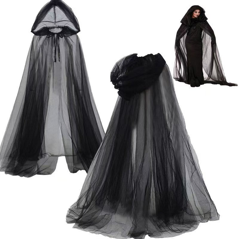 Hooded Witch Cloak with Sheer Mesh Fabric for Halloween and Cosplay