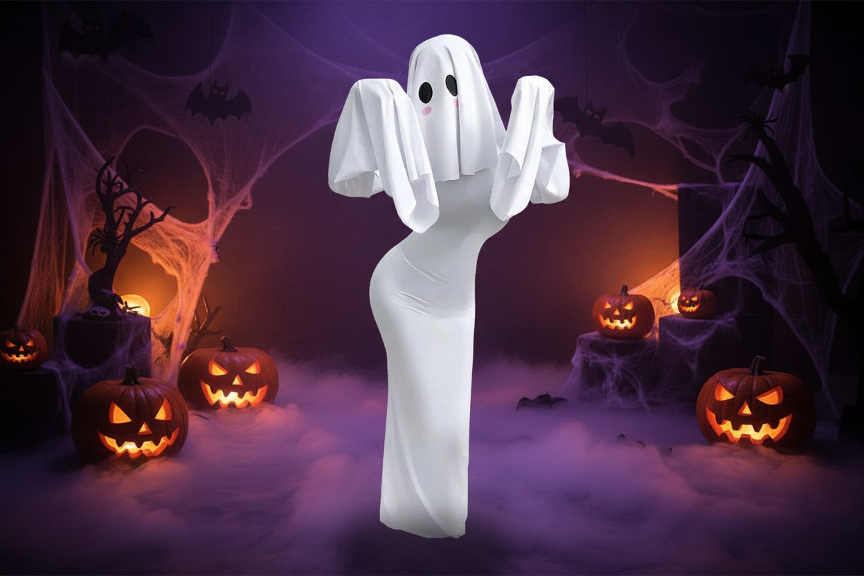 Ghost Bride Cosplay Costume with Sleeveless Ruched Mini Dress and Face Mask