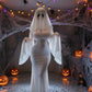 Ghost Bride Cosplay Costume with Sleeveless Ruched Mini Dress and Face Mask