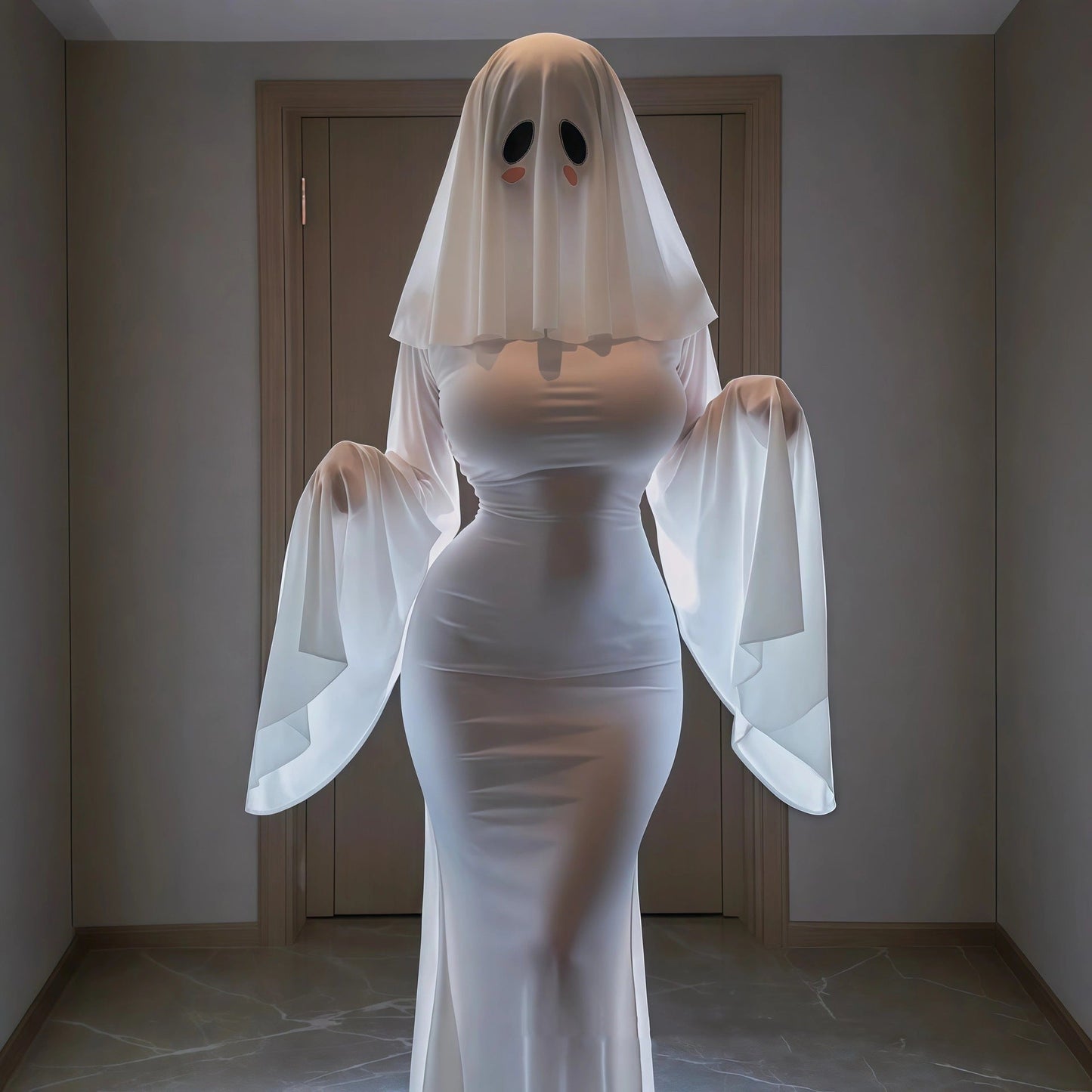 Ghost Bride Cosplay Costume with Sleeveless Ruched Mini Dress and Face Mask