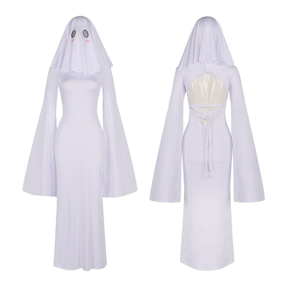 Ghost Bride Cosplay Costume with Sleeveless Ruched Mini Dress and Face Mask
