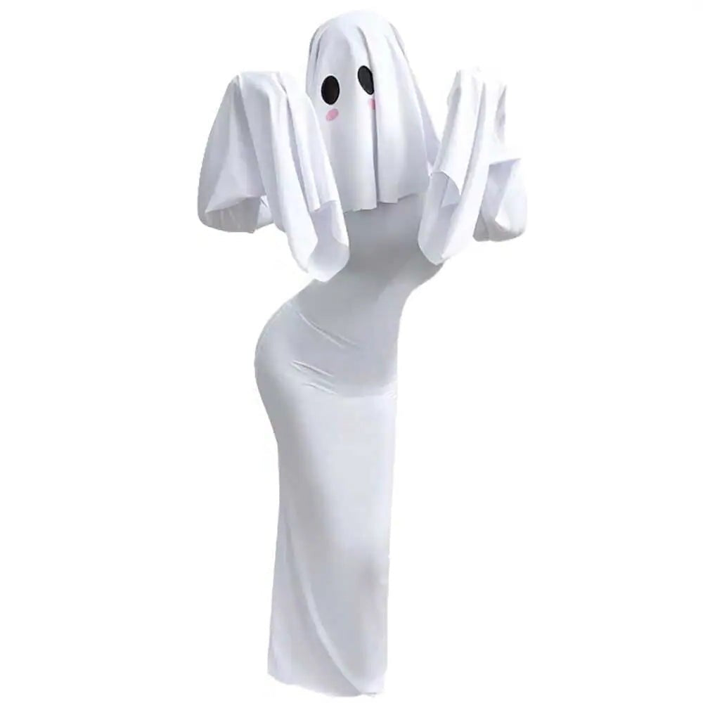 Ghost Bride Cosplay Costume with Sleeveless Ruched Mini Dress and Face Mask
