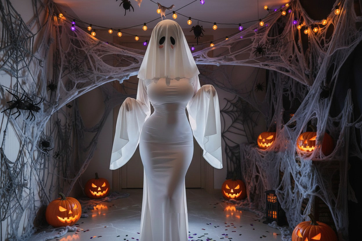 Ghost Bride Cosplay Costume with Sleeveless Ruched Mini Dress and Face Mask