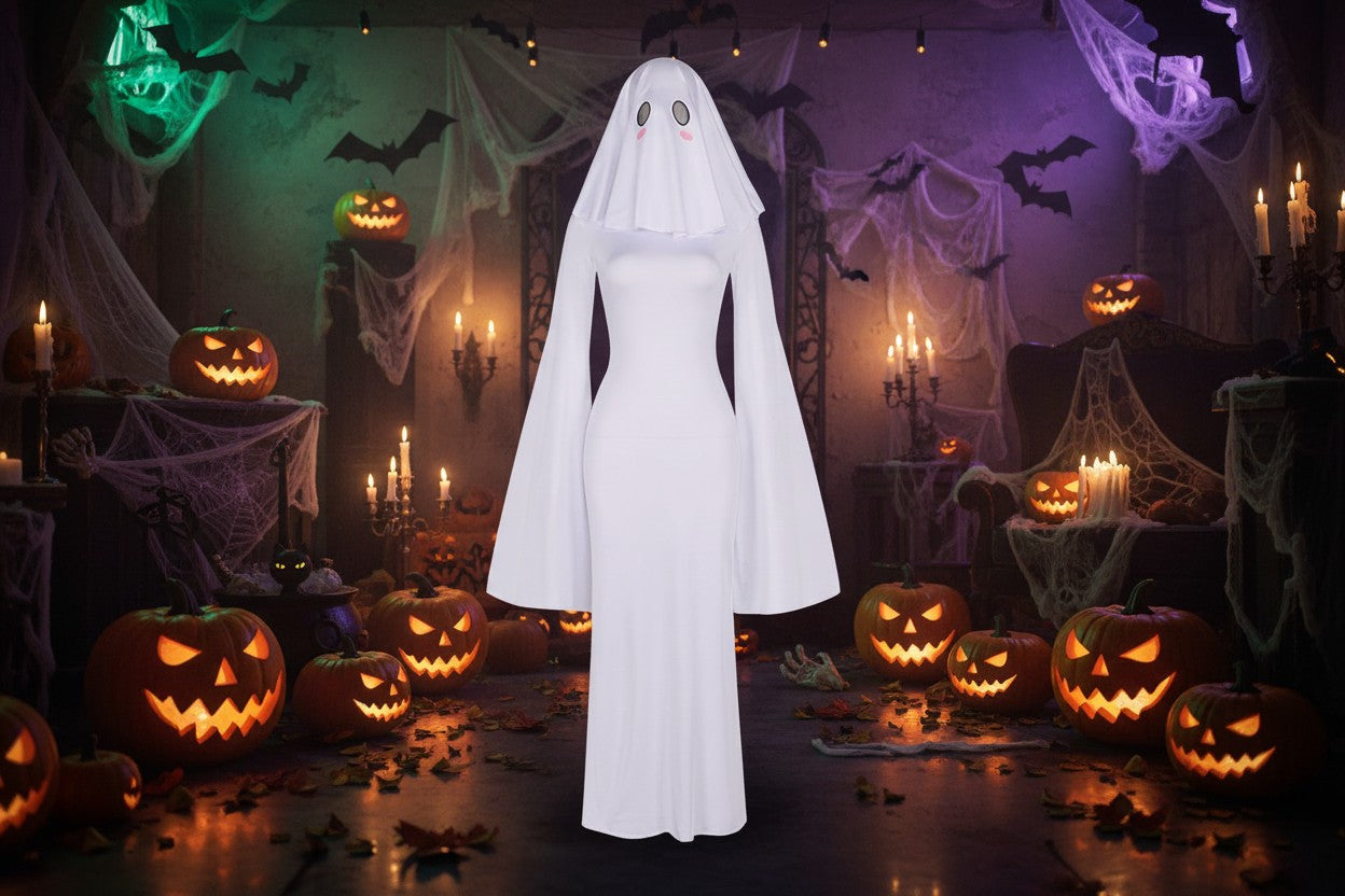 Ghost Bride Cosplay Costume with Sleeveless Ruched Mini Dress and Face Mask