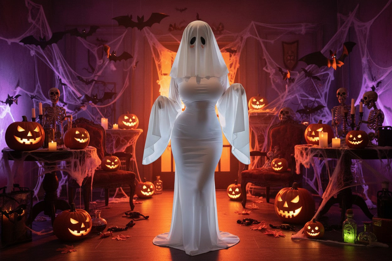 Ghost Bride Cosplay Costume with Sleeveless Ruched Mini Dress and Face Mask