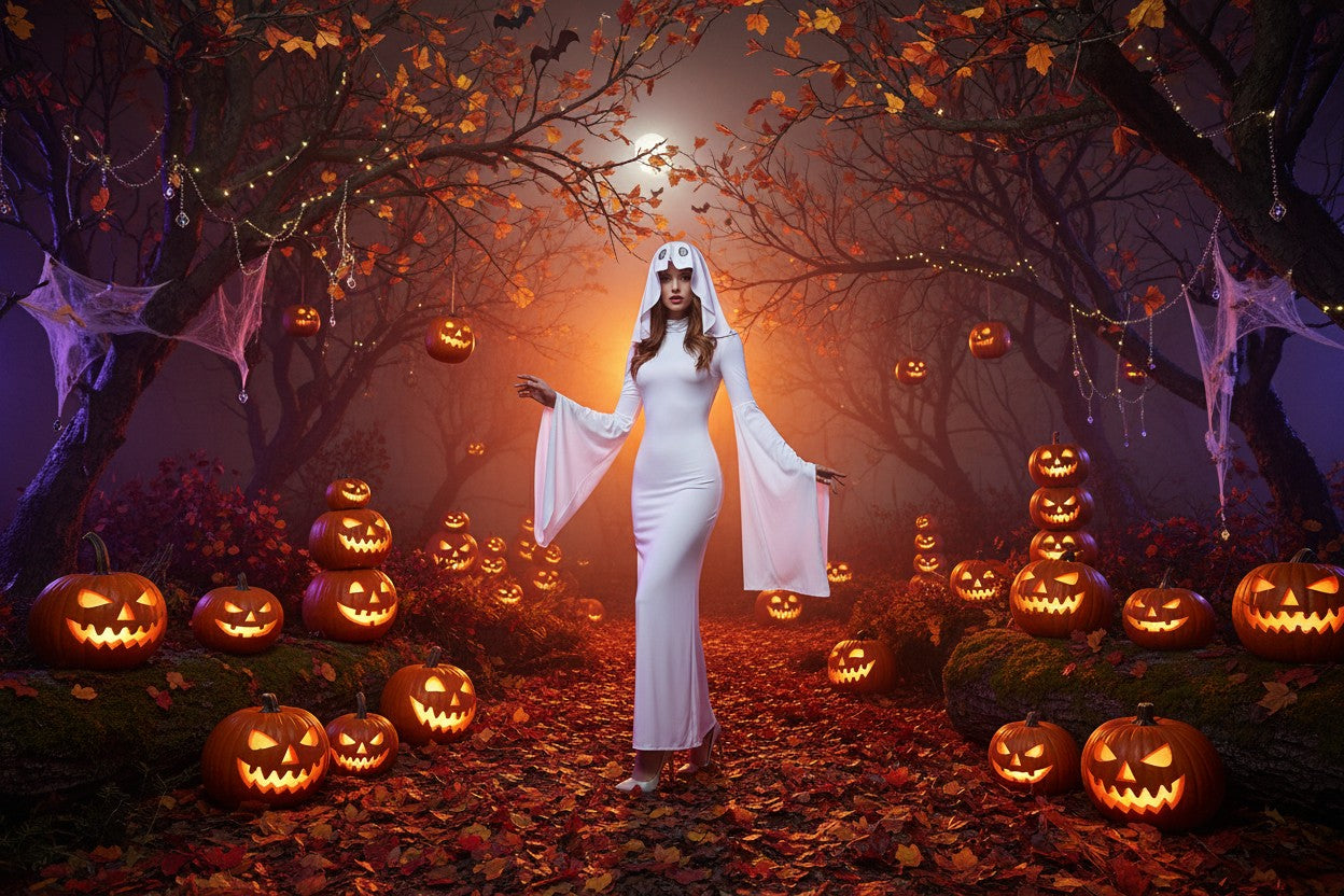 Ghost Bride Cosplay Costume with Sleeveless Ruched Mini Dress and Face Mask