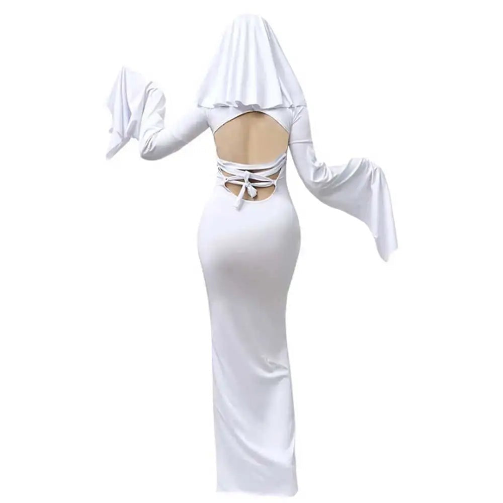 Ghost Bride Cosplay Costume with Sleeveless Ruched Mini Dress and Face Mask