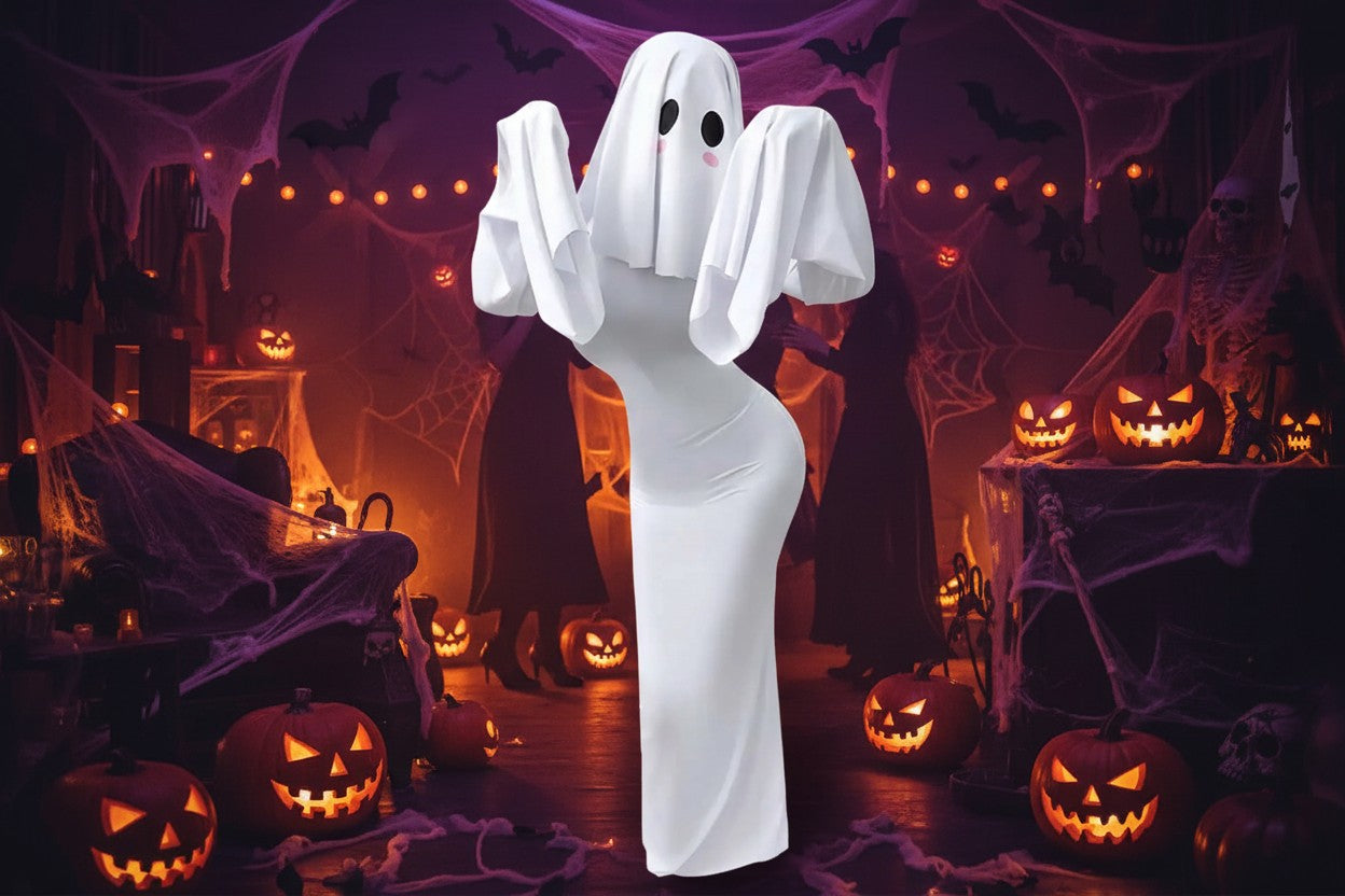 Ghost Bride Cosplay Costume with Sleeveless Ruched Mini Dress and Face Mask
