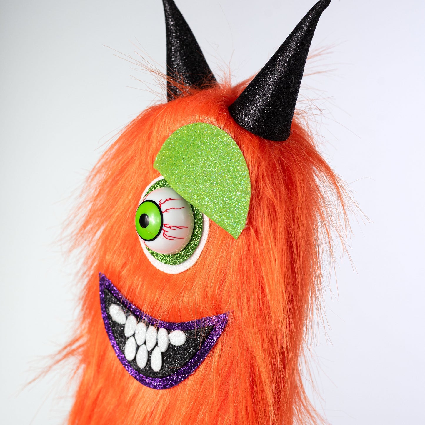 Artificial Furry Monster Eyeball Floral Spray with Orange Tinsel for Halloween Decor
