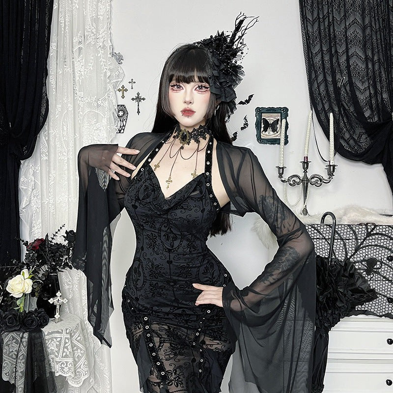 Women Gothic Lace Crop Top with Flared Bell Sleeves and Lace Up Front