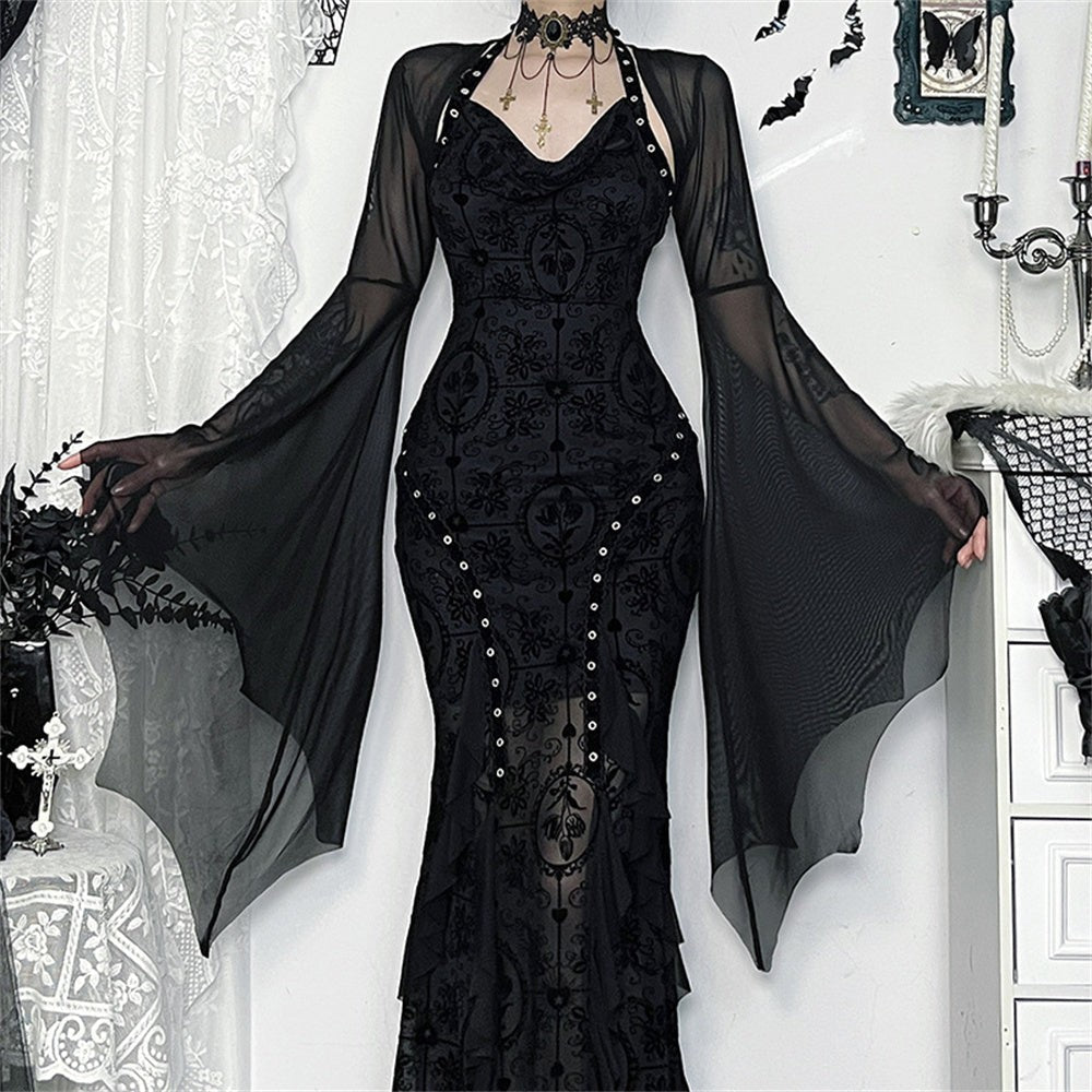 Women Gothic Lace Crop Top with Flared Bell Sleeves and Lace Up Front