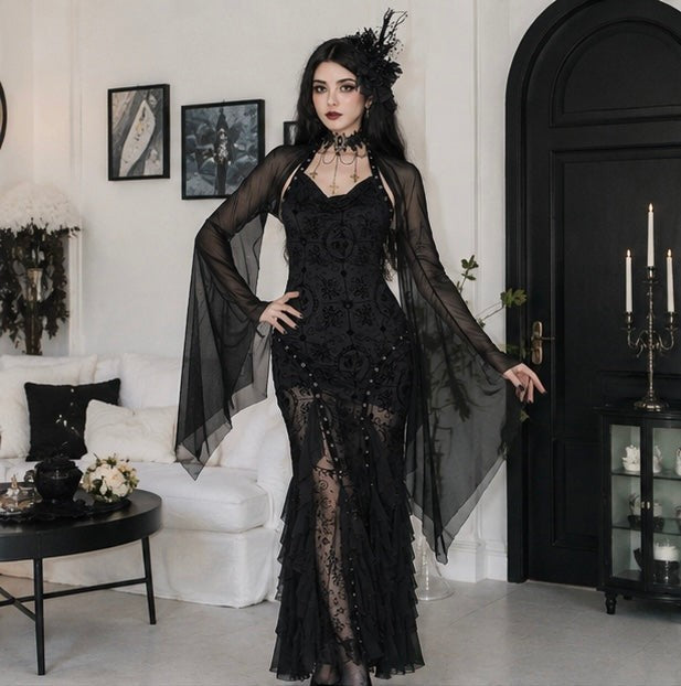 Women Gothic Lace Crop Top with Flared Bell Sleeves and Lace Up Front