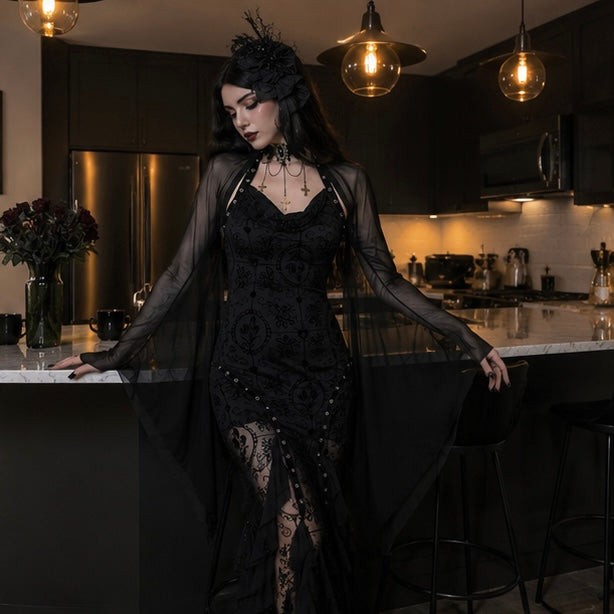 Women Gothic Lace Crop Top with Flared Bell Sleeves and Lace Up Front