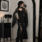 Women Gothic Lace Crop Top with Flared Bell Sleeves and Lace Up Front