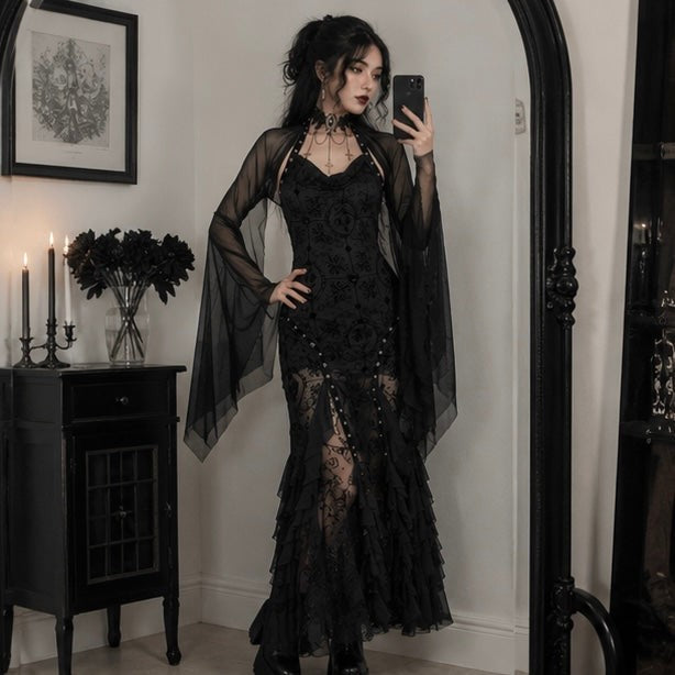 Women Gothic Lace Crop Top with Flared Bell Sleeves and Lace Up Front