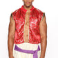 Mens Three Piece Royal Costume Set with Red Velvet Jacket and Decorative Trim