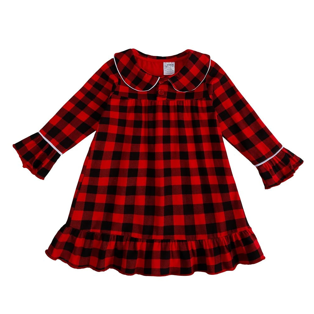 Kids Pajama Set with Plaid Pants and Elastic Waistband