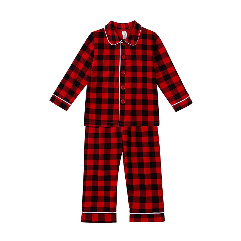 Kids Pajama Set with Plaid Pants and Elastic Waistband