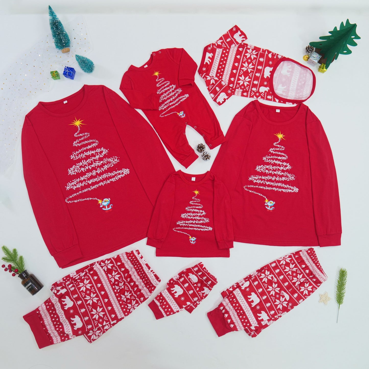 Family Matching Christmas Pajamas with Reindeer and Snowflake Print, Red or Blue