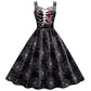 Gothic Skeleton Graphic Print Fit and Flare Dress with Round Neckline