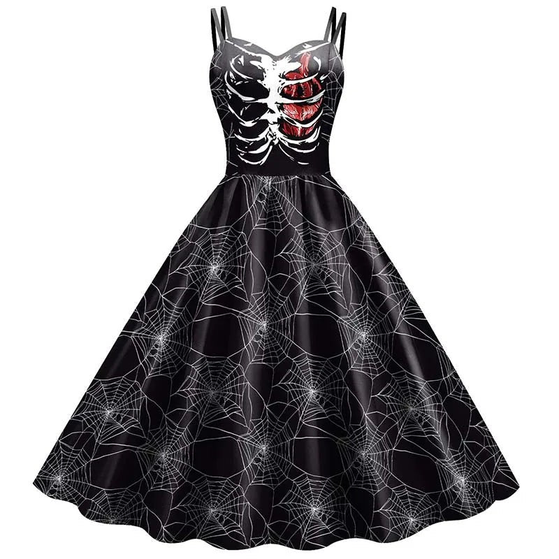 Gothic Skeleton Graphic Print Fit and Flare Dress with Round Neckline