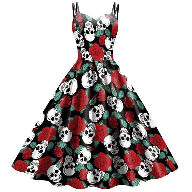 Gothic Skeleton Graphic Print Fit and Flare Dress with Round Neckline