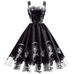Gothic Skeleton Graphic Print Fit and Flare Dress with Round Neckline