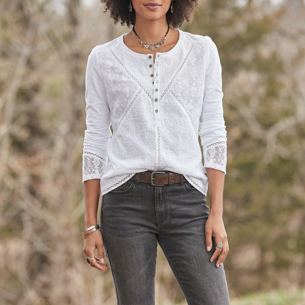 Long Sleeve Crew Neck Shirt with Lace Texture and Relaxed Fit