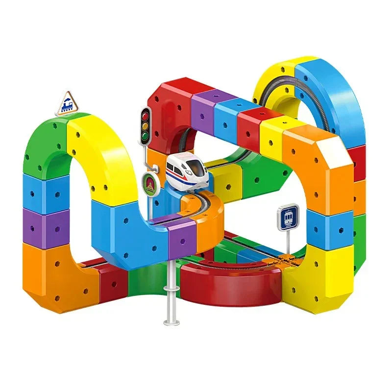 Train Track Building Set with 81 Snap Together Pieces and Moving Train