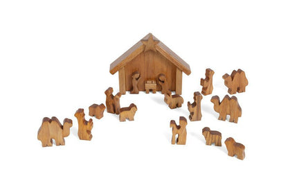 Wooden Nativity Manger Scene with 14 Figures and Stable Display