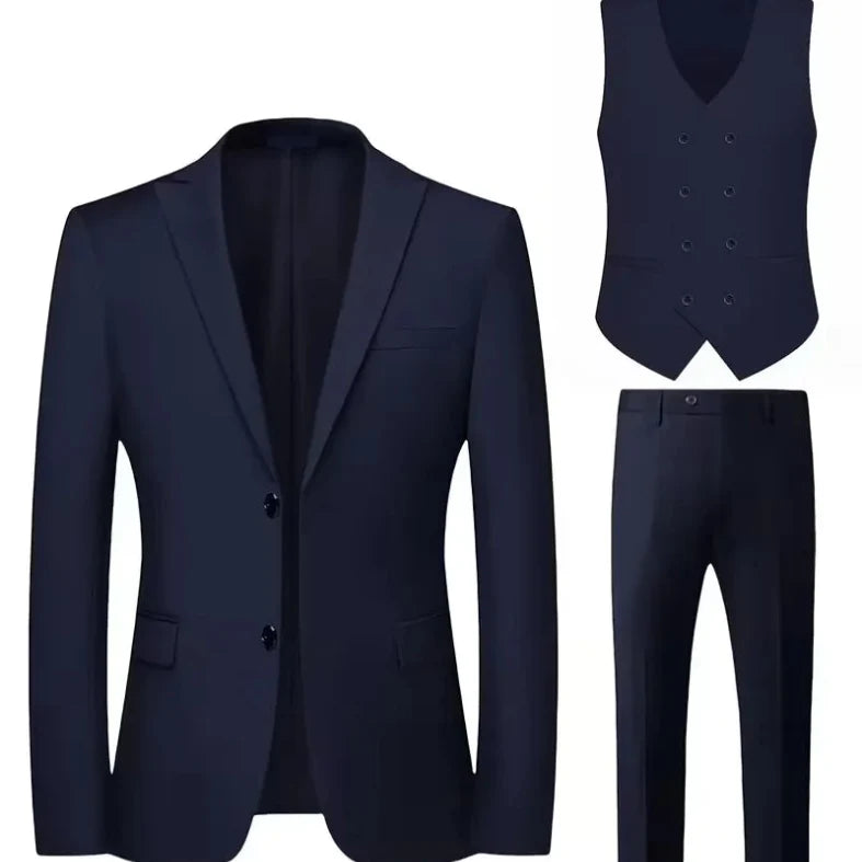 Details of a men's slim fit double-breasted suit. The 3-piece set includes a perfectly tailored waistcoat.