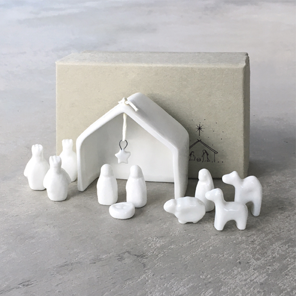 Nativity Scene Set with Nine Porcelain Figures and Stable Frame