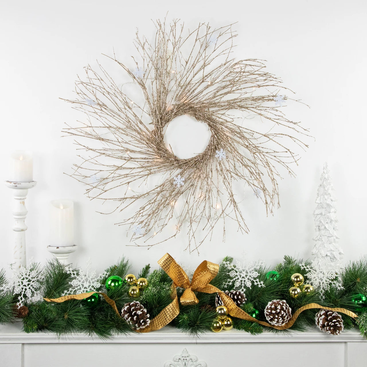 LED Christmas Wreath 28 Inch with 25 Warm White Lights and Glittered Snowflake Design