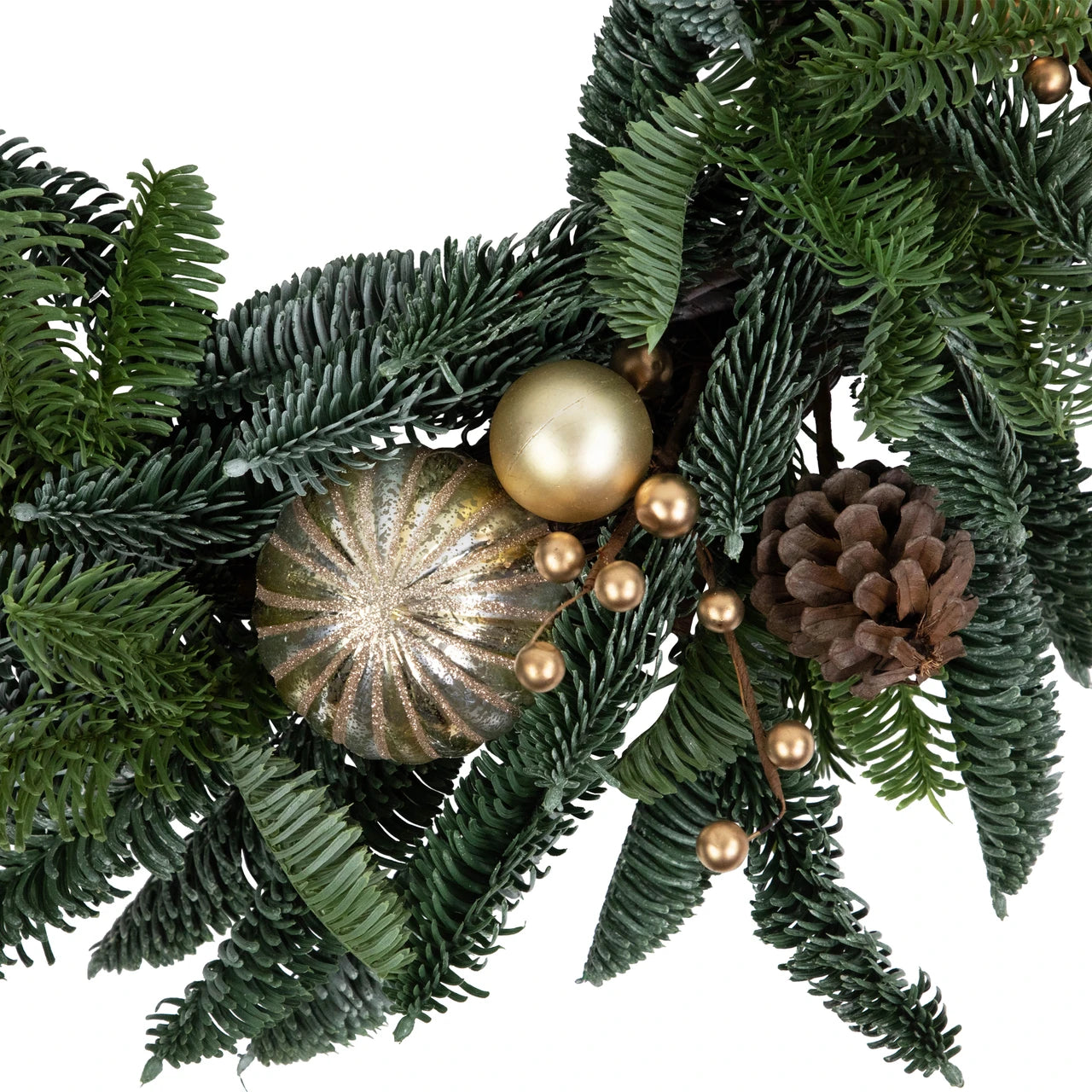 Artificial Christmas Wreath with Gold Ornaments and Real Pine Cones, 22 Inch
