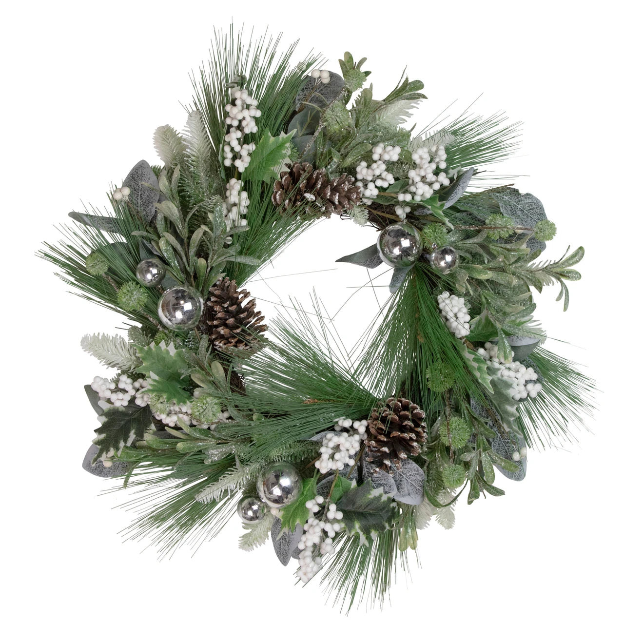 Frosted Christmas Wreath with Pine Branches and White Berries, 24 Inch